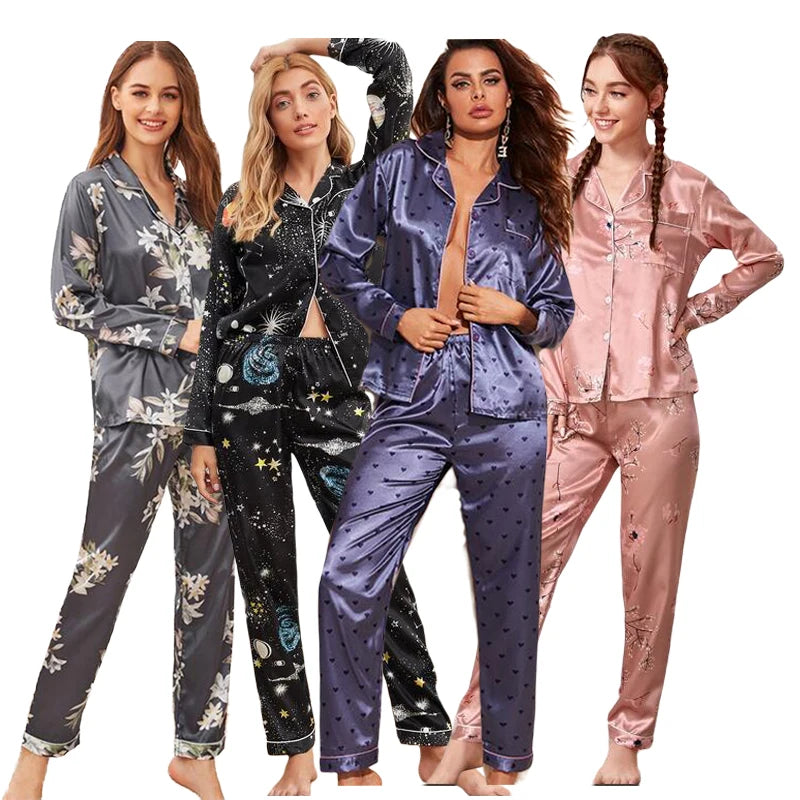 Conjunto de Pijama de Satén para Mujer – Camisa de Manga Larga y Pantalón