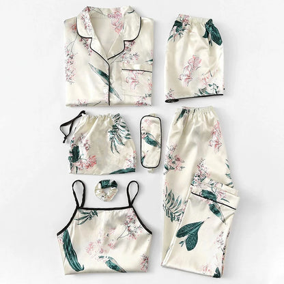 Set de Pijamas de Satén para Mujer – 7 Piezas de Ropa de Dormir con Estampado