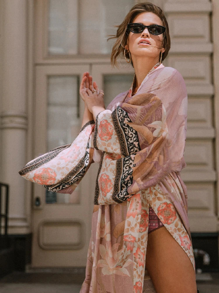 Kimono Largo playero: Salida de Baño con Cinturón y Estampado