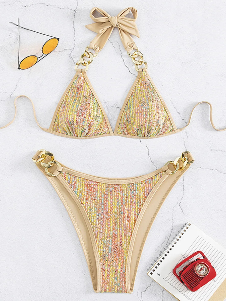 Bikini con Lentejuelas Brillantes con Cadenas Metálicas