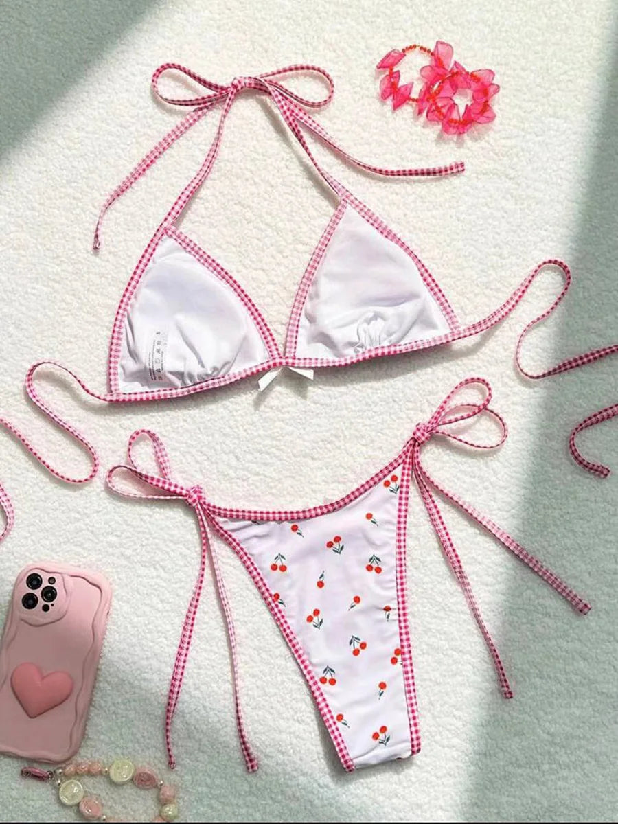 Bikini brasileño de 2 piezas con estampado de cerezas