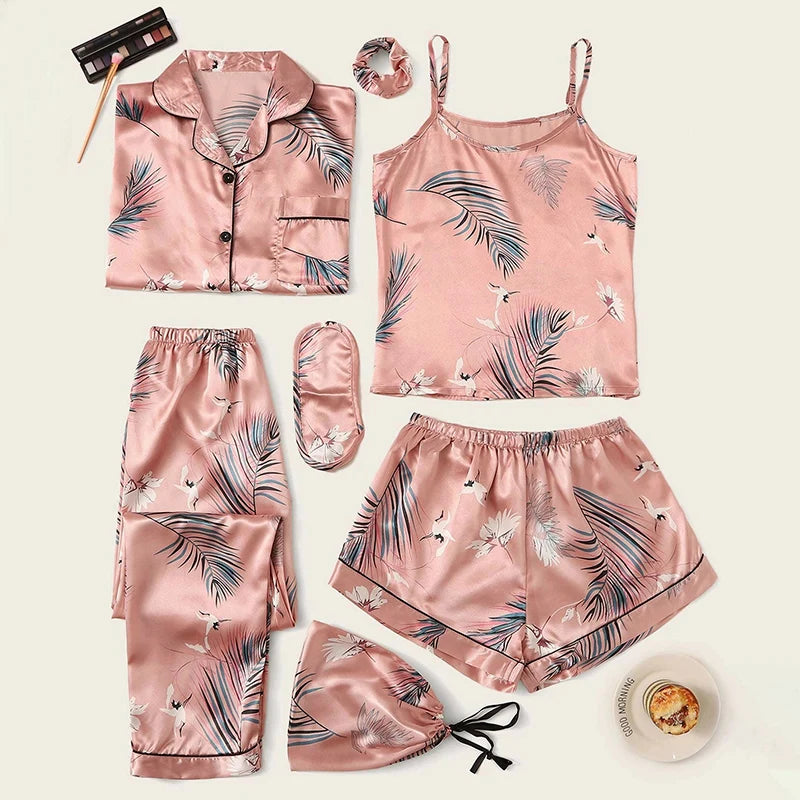 Set de Pijamas de Satén para Mujer – 7 Piezas de Ropa de Dormir con Estampado