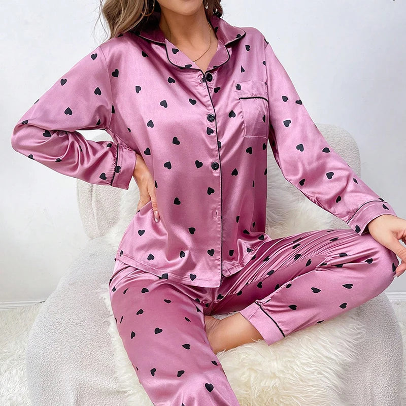 Conjunto de Pijama de Satén para Mujer – Camisa de Manga Larga y Pantalón