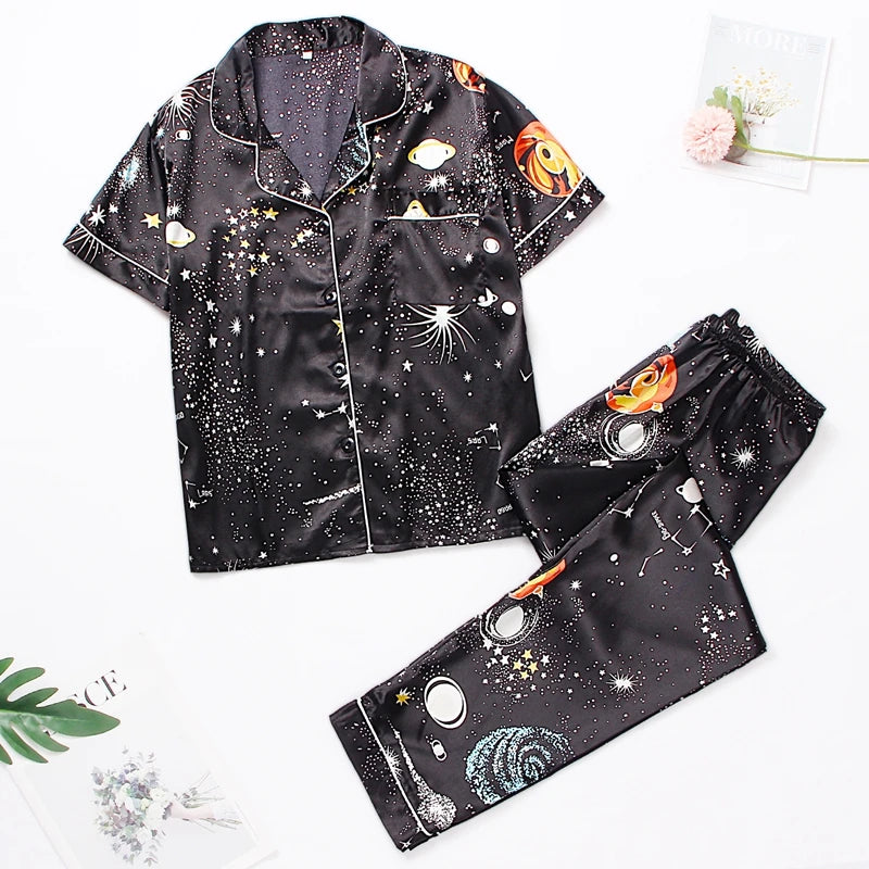 Conjunto de Pijama de Satén para Mujer – Camisa de Manga Larga y Pantalón