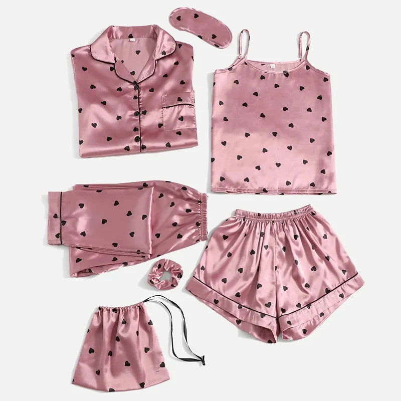 Set de Pijamas de Satén para Mujer – 7 Piezas de Ropa de Dormir con Estampado