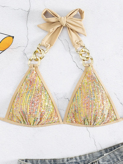 Bikini con Lentejuelas Brillantes con Cadenas Metálicas