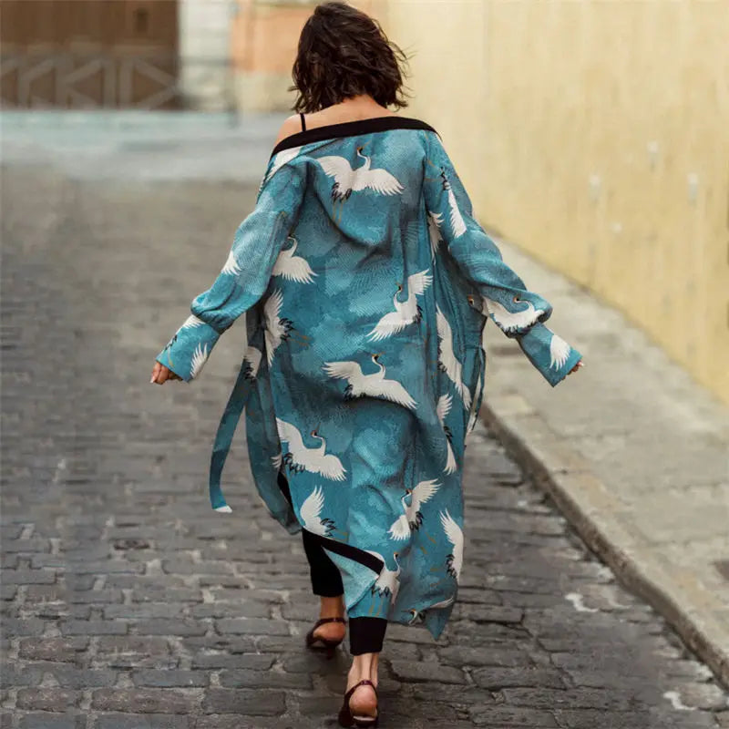 Kimono Largo playero: Salida de Baño con Cinturón y Estampado