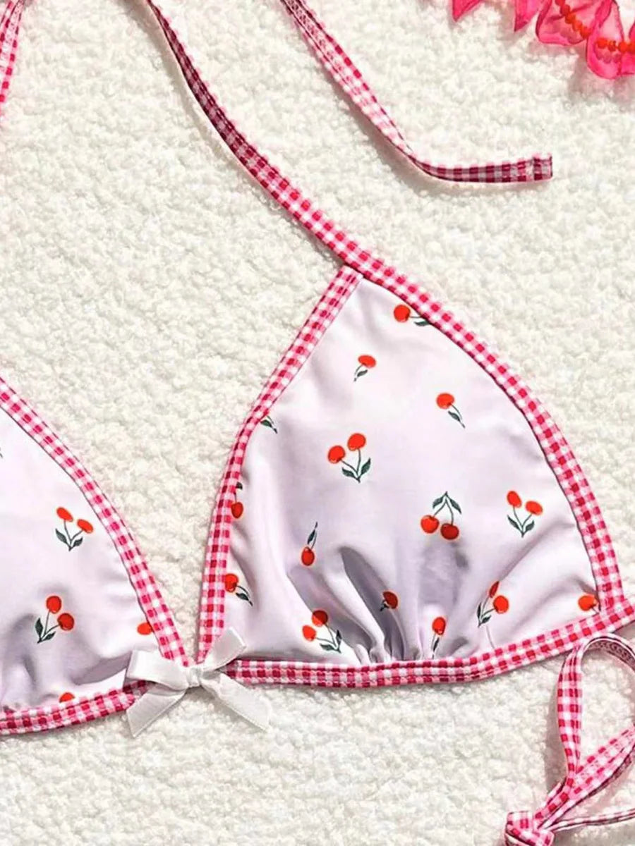 Bikini brasileño de 2 piezas con estampado de cerezas